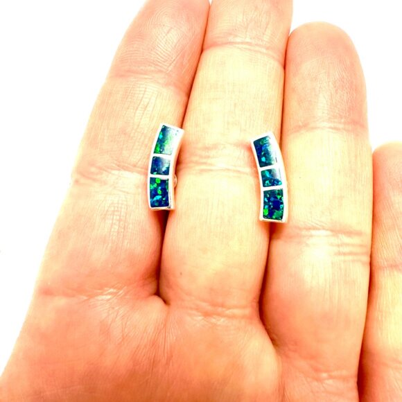 Simulated inlaid Opal in Sterling Silver 925 Earrings Pushback - Picture 2 of 4